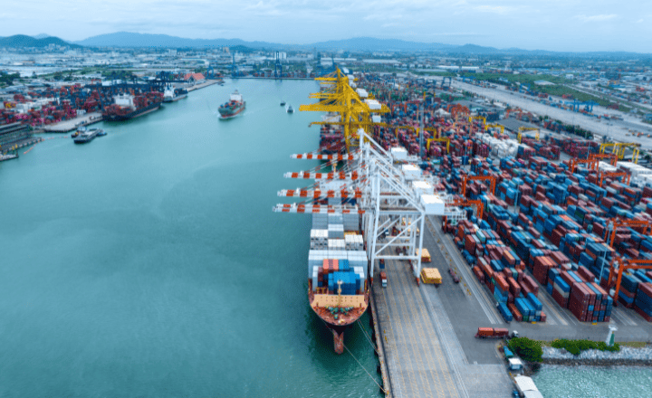 Caldive Limited - the image depicts a busy maritime port. Large container ships are loading and unloading containes in various colours using huge cranes.