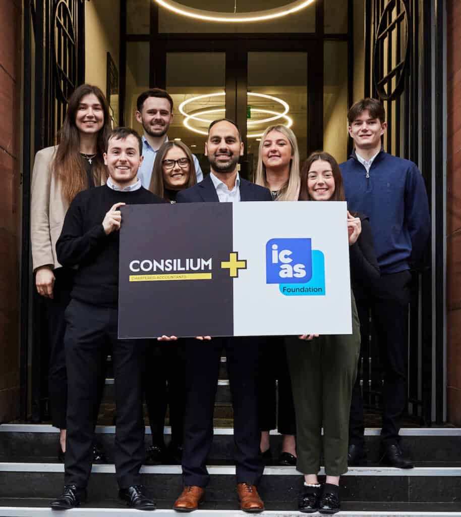 Consilium and ICAS Foundation join forces to build a staircase of talent in the accountancy profession to encourage social mobility. Students and qualified CAs from Consilium Chartered Accountants join Director of the ICAS Foundation Sanjay Singh to launch the partnership on February 20 2024.
